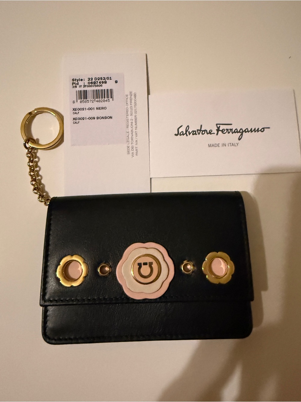 Salvatore Ferragamo Gancini Flower Card Holder Keychain Black, never used